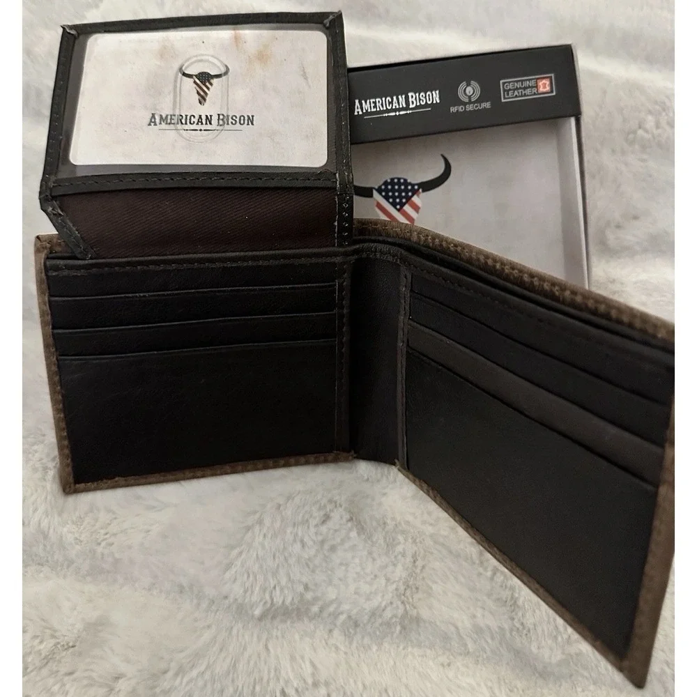 AMERICAN BISON Wallet Genuine Brown Leather RFID Bifold Tin Logo NEW